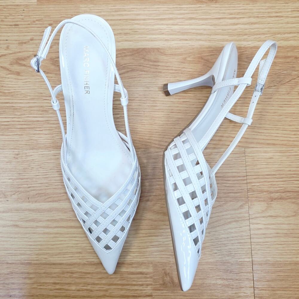 New Marc Fisher Heels 8.5M White Woven Pointed Toe Slingback Bridal Wedding - Picture 9 of 16
